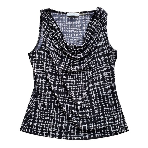Calvin Klein Mod Print BW Drape Neck Sleeveless Blouse Great for Under Suit - Picture 4 of 10
